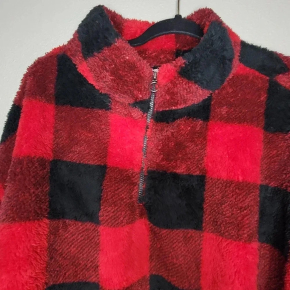 SO Sherpa Pullover Long Crop 1/4 Zip Red Black Buffalo Plaid Fleece Xtra Large - Picture 2 of 11